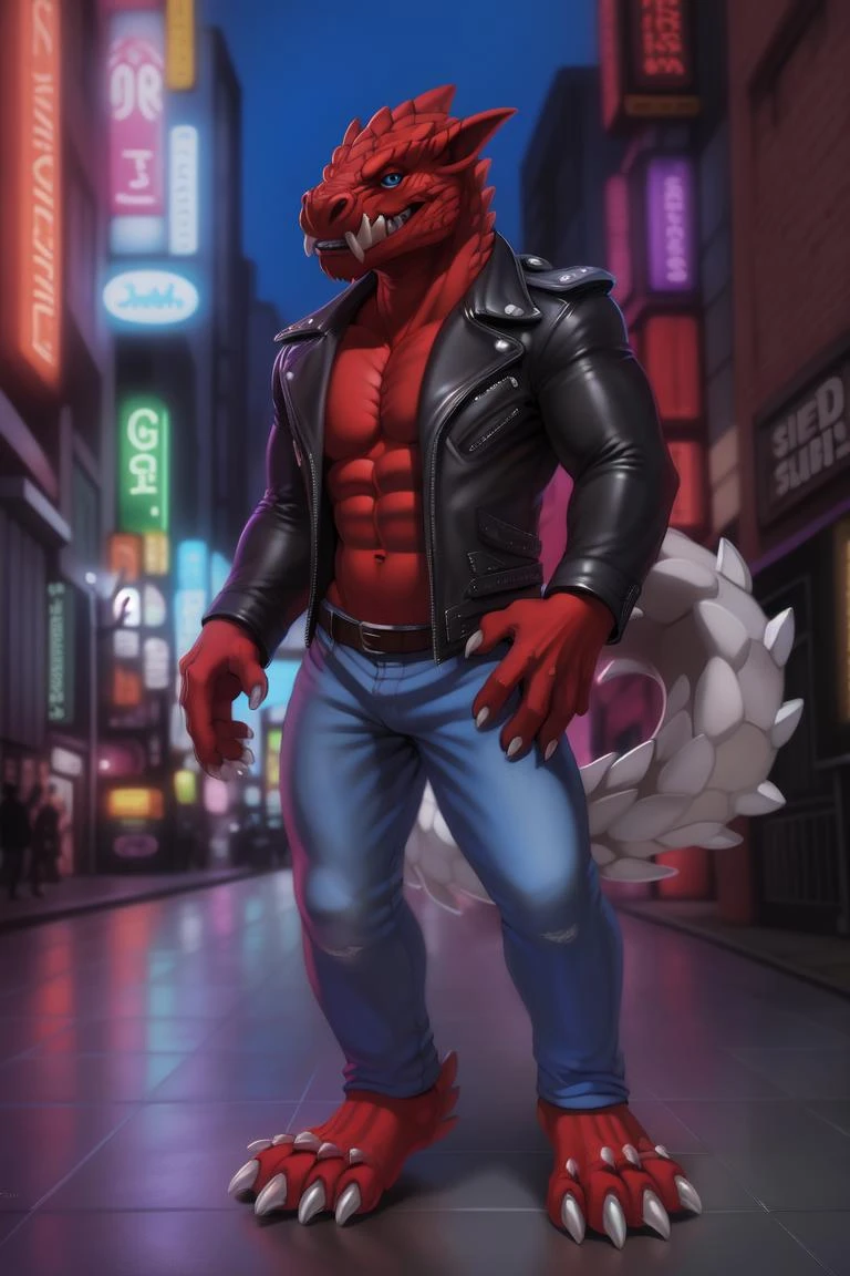 (by danza, by tojo the thief, by darkgem, by narse), odogaron,  fanged wyvern, safe, jacket, (clothed, wearing leather jacket, topwear), bottomwear, jeans, blue eyes, akihabara, tokyo street, neon lights, claws, fangs, feet, anthro, looking at viewer, standing, male, muscular, scales, sharp teeth, solo, tail, big tail