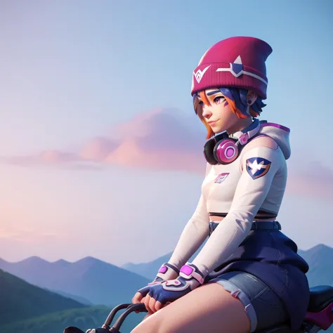 zPDXL, score_9, score_8_up, score_7_up, score_6_up, hi-res, 8k, 2.5d, full shot,  headphones,  beanie, multicolored hair, riding a bike at sunset with mount fuji on the back <lora:KirikoLS-35:1>