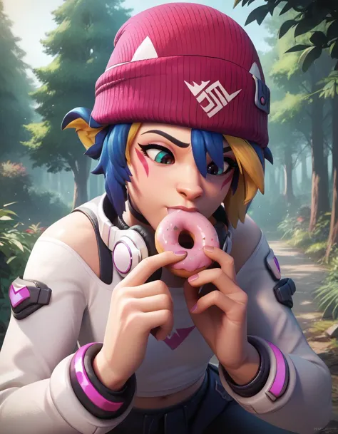 a close up of a person eating a doughnut in a forest