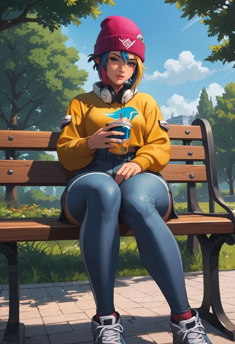 score_9, score_8_up, score_7_up,  <lora:KirikoLS:0.7> KirikoLS, Beanie, multicolored hair, (huge hips: 1.), (thick legs: 1.3),  bench, short pants, sweater around the waist, sitting, low angle, park