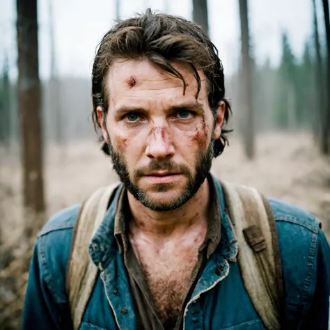 homme photo Polaroid, un survivant post-apocalyptique : Joel de The Last of Us, traversant un monde envahi par des humains infectés par des champignons, protégeant férocement Ellie et portant le poids de la perte., Cheveux grisonnants et barbe rude, affichant les cicatrices d'un monde qui a mal tourné et de ses propres souvenirs douloureux. . Photographie au flash, léger saignement, rayures, À la manière de Terry Richardson