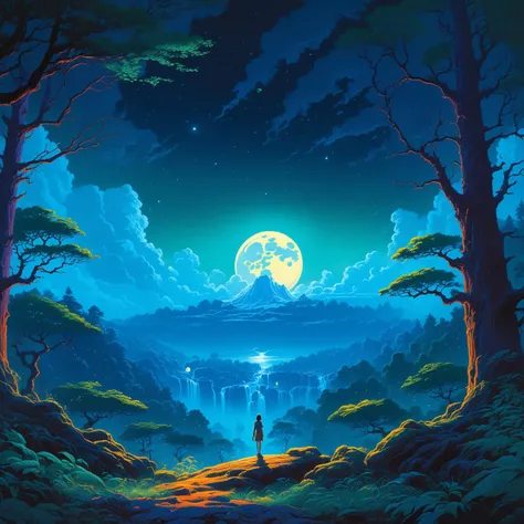 oeuvre d&#39;anime une forêt géante la nuit avec beaucoup de branches emmêlées, éclairé par la lune, Peinture à l&#39;huile extrêmement détaillée, rendu irréel 5, rhads, Bruce Pennington, Studio Ghibli, Tim Hildebrandt, art numérique, Photographie artistique 8k, rendu d&#39;octane, belle composition, tendance sur artstation, photographie primée, chef-d&#39;œuvre . Style animé, visuel clé, vibrant, animé en studio,  très détaillé