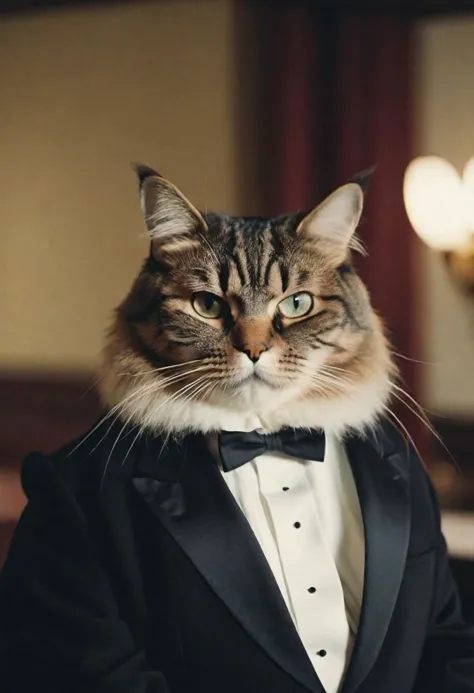 cinematic photo analog style photo of a very serious and fat cat wearing a tuxedo, cinematic lighting, photography, retro, film,...