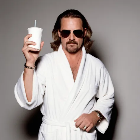 Polaroid Photo Man, un mec qui voyage dans le temps comme Jeffrey "Le mec" Lebowski du Grand Lebowski, se retrouver mêlé à un plan d'enlèvement alambiqué, suivre le courant avec son approche décontractée unique., Peignoir de bain, des lunettes de soleil, et un Russe blanc à la main, illustrant son attitude insouciante et son charme involontaire au milieu du chaos. . Photographie au flash, léger saignement, rayures, À la manière de Terry Richardson