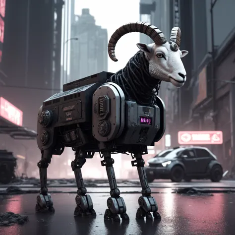 Dystopian style ram sheep robot in a cyberpunk city, intricate, sinister, futuristic, ultra realistic, hyper detailed, cinematic...
