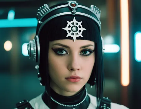 cinematic photo analog style portrait of an cybergoth templar girl, digital artwork by greg rutkowski and hiroriko araki . wes anderson movie, still from stanley kubrick movie, 35mm photograph, film, bokeh, professional, 4k, highly detailed