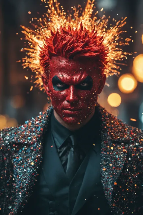 devil dressed like a psychotic explosion, raw photo, high fashion,hyperdetailed,4k,highly detailed,bokeh,intricate