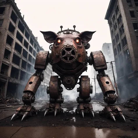 Dystopian style wide angle photo, 1 8 mm canon 5 d mark 3, f 1 8, of a scary giant, concept art looking domestic pig robot, with...
