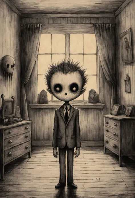 sketch art of a {creepy, suit, room, scene from a weird movie} By (john kenn Mortenssen:1.36), detailed background, masterpice, ...