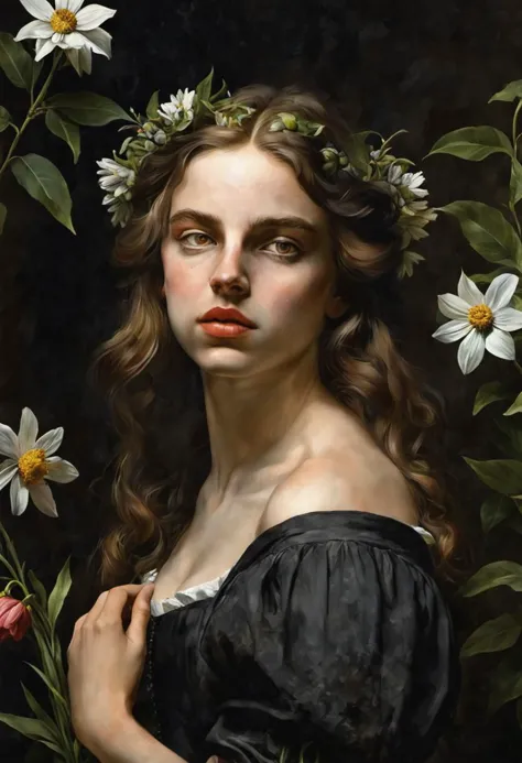 The halfbody shot of a girl: {cute teen, surrounded wild flowers}, baroque, tenebroso, chiaroscuro, expressive emotion, extreme emotion, insanity, passion, dynamic pose, action still} By (Caravaggio:1.36), detailed background, masterpice, trending on artstation, best quality, 4k textures, ultra detailed