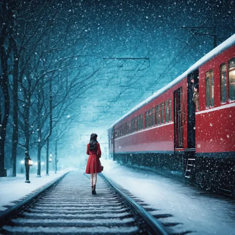 dark night, dark theme, heavy snowing, platform, antique red train at the station, girl getting on train, , (masterpiece), ((ult...
