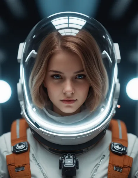 cinematic photo an exquisite portrait photograph, 85mm medium format photo beautiful girl in a transparent astronaut helmet, cha...