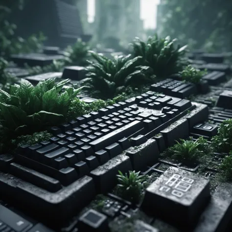 Dystopian style detailed photo of keyboard kingdom, city built on a pc keyboard, macro, green plants, dust, 8 k, by daniel mcgar...