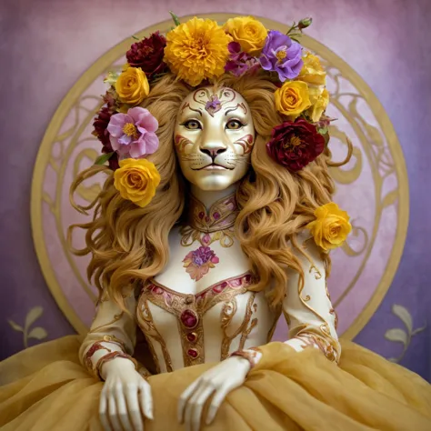の写真撮影 (擬人化されたライオンの女性:1.3), 繊細, 展示されている花のアレンジメント:: 花はアールヌーボーです:: 花は鮮やかで美しい, 花はほとんどが金色です, 黄土色の黄色, クリムゾンレッド, スミレと落ち着いたピンク:: 花はくしゃくしゃの紙と絹で作られています:: 8K高解像度, プロフェッショナルなカラーグレーディング, 高解像度, フロント, 1 1. 4, 50mm, (カウボーイショット)ホログラフィック