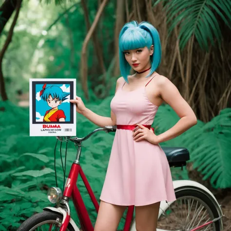 foto polaroide (altura toda:1.3), uma poderosa mulher lao com cabelo trançado castanho-avermelhado  Como Bulma durante suas primeiras aventuras com Goku. Vestida com seu clássico vestido rosa e fita vermelha, em meio a uma selva exuberante, Bicicleta da Capsule Corp estacionada por perto, parecendo determinada com um mapa na mão. inspirado em Krenz Cushart, neoísmo, pessoal, WLOP, animes idiotas. Cabelo azul estilizado em seu icônico bob. . Fotografia com flash, sangramento leve, arranhões, Estilo Terry Richardson