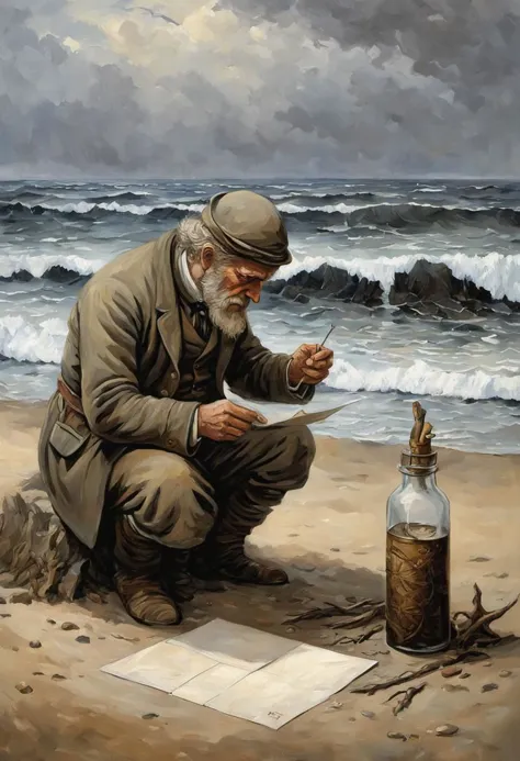 Pintura al óleo de cuerpo entero {espátula pinceladas suaves} de una criatura: {marinero en la playa, (poniendo un sobre de correo en una botella de vidrio:1.25), en el fondo el mar embravecido}, obra maestra de sorserob:1.36), tendencia en artstation, mejor calidad, texturas 4K, ultra detallado