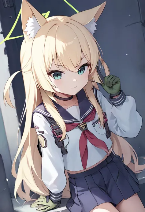 anime girl with long blonde hair and cat ears in uniform