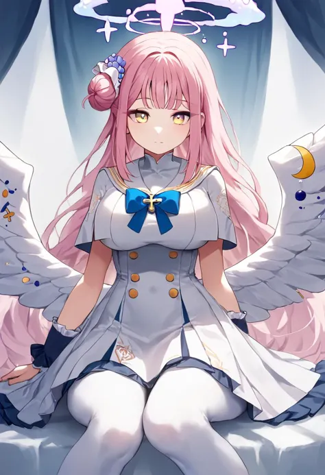 anime girl with pink hair and angel wings sitting on a bed