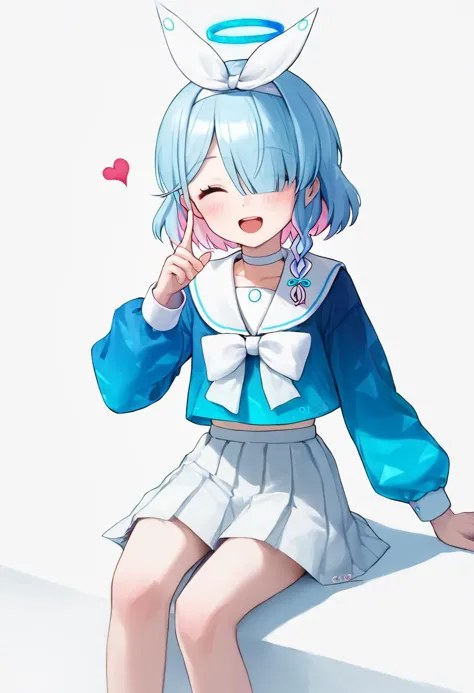 anime girl with blue hair and a white top and skirt