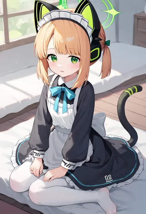 anime girl with cat ears sitting on a bed with a cat headband