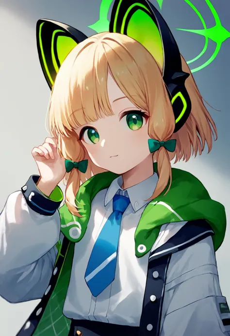 score_9,score_8_up,score_7_up,<lora:blue_archive_all:1>,
midori_\(blue_archive\), 1girl, hair_bow, animal_ear_headphones, blue_necktie, white_shirt, long_sleeves, cat_ear_headphones, white_jacket, collared_shirt, green_bow