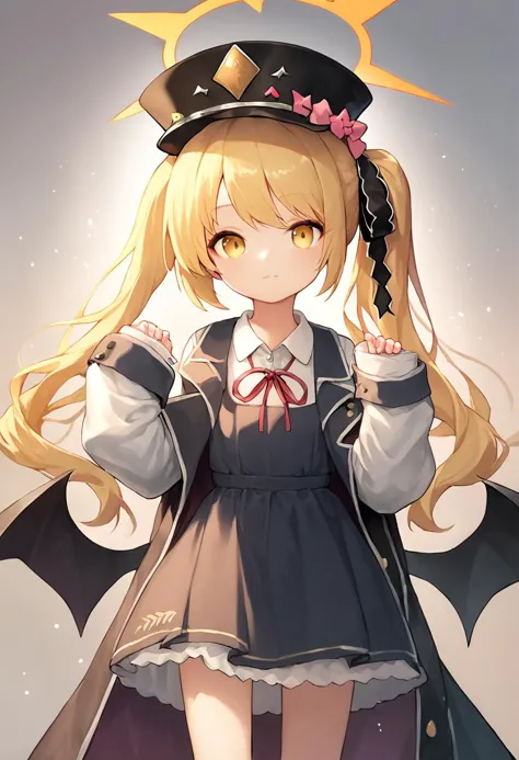 anime girl with long blonde hair wearing a black hat and cape