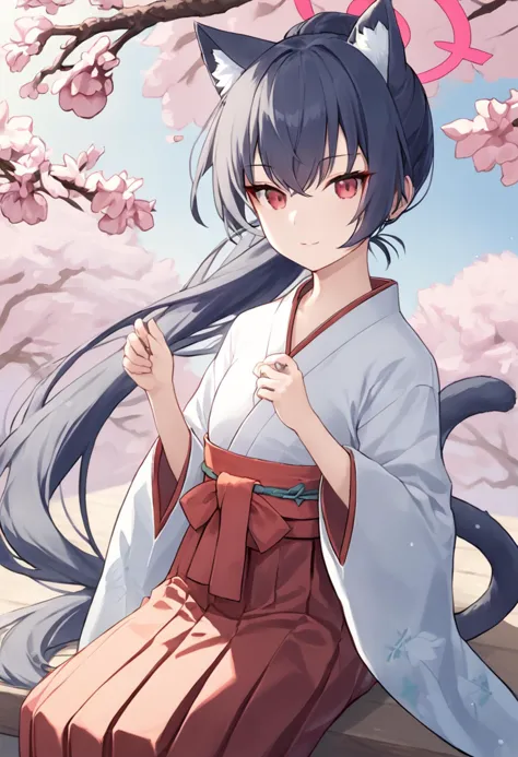 anime girl with long hair sitting on a ledge with cherry blossoms