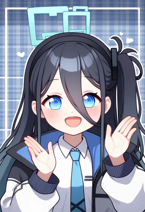 score_9,score_8_up,score_7_up,<lora:blue_archive_all_v3:1>,1girl, :d, aris_\(blue_archive\), black_hairband, blue_eyes, blue_necktie, blush, collared_shirt, cursor, hair_between_eyes, halo, hands_up, heart, long_hair, one_side_up, open_jacket, pixelated, plaid_background, puffy_long_sleeves, sleeves_past_wrists, solo, upper_body, white_shirt