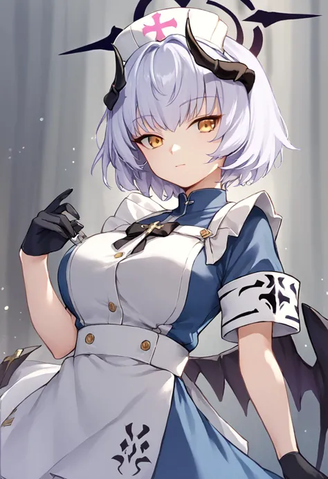 score_9,score_8_up,score_7_up,<lora:blue_archive_all:1>,
1girl, sena_\(blue_archive\), nurse_cap, halo, black_gloves, large_breasts, blue_dress, short_sleeves, armband, white_apron, waist_apron, white_hat