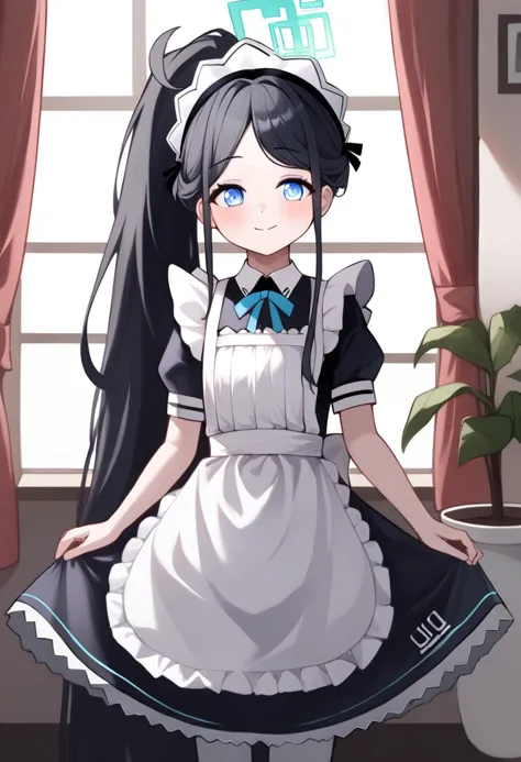 a close up of a person in a maid outfit standing in front of a window