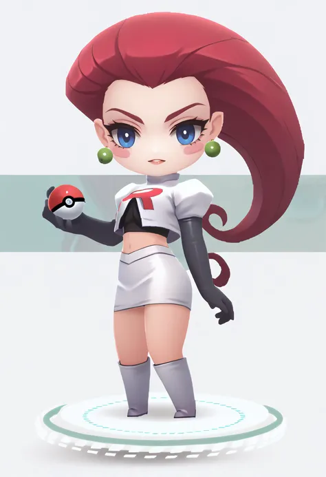 score_9, score_8_up, score_7_up, score_6_up BREAK 1girl,solo, chibi, standing, full body,EPpkJessie,hair slicked back, red hair,thighboots,white skirt,white cropped jacket,elbow gloves,team rocket, pokeball  <lora:EPpkJessiePony:0.8> <lora:chibi-nikke-richy-v1_pdxl:1>