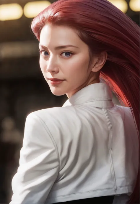 a close up of a woman with red hair and a white jacket