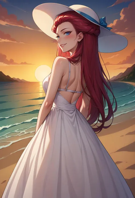 a woman in a white dress and hat standing on a beach