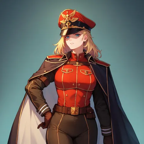 score_9, score_8_up, score_7_up, score_6_up, score_5_up, score_4_up, 1girl, solo, astra militarum, commissar hat, black cape, br...