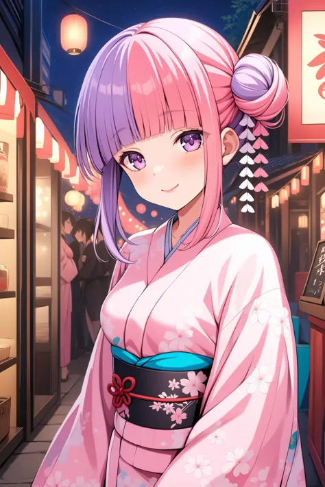 (masterpiece, best quality, very aesthetic, ultra detailed), intricate details, highly detailed background, perfect lightingbest quality, niigakihina, solo, outdoors, night, summer festival, purple hair, two-tone hair, split-color hair, pink hair, side bun, blunt bangs, short hair, purple eyes, medium breasts, pink kimono, floral print, japanese clothes, smile, closed mouth, :), pink lips, <lora:Niigaki-Hina-XL-10:0.7>