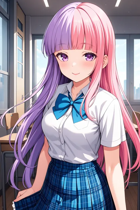 (masterpiece, best quality, very aesthetic, ultra detailed), intricate details, highly detailed background, perfect lightingbest quality, niigakihina, solo, indoors, classroom, purple hair, two-tone hair, split-color hair, pink hair, blunt bangs, very long hair, purple eyes, medium breasts, blue bowtie, white shirt, short sleeves, blue skirt, plaid skirt, school uniform, smile, closed mouth, :), pink lips, <lora:Niigaki-Hina-XL-10:0.7>