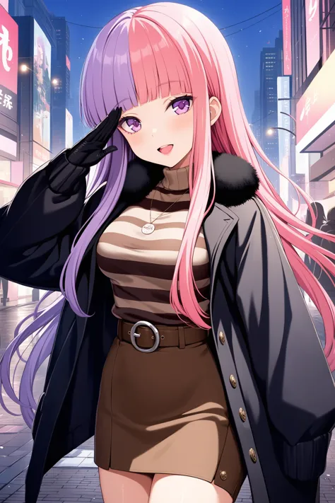 a woman with pink hair and a black jacket walking down a street