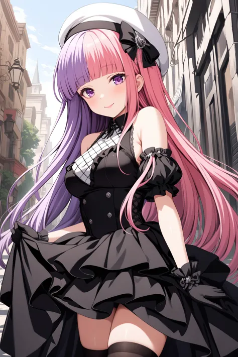 (masterpiece, best quality, very aesthetic, ultra detailed), intricate details, highly detailed background, perfect lightingbest quality, niigakihina, solo, outdoors, beret, white headwear, purple hair, two-tone hair, split-color hair, pink hair, blunt bangs, very long hair, purple eyes, medium breasts, black dress, layered dress, black vest, bare shoulders, puffy detached sleeves, puffy short sleeves, black gloves, black skirt, black thighhighs, checkered clothes, smile, closed mouth, :), pink lips, <lora:Niigaki-Hina-XL-10:0.7>