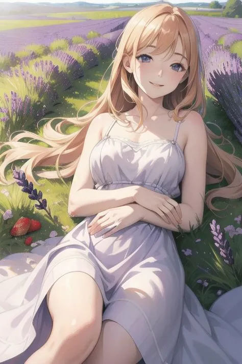 anime girl laying on the ground in lavender field