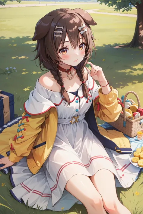 anime girl sitting on a blanket in the grass with a picnic basket