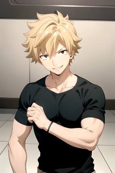 anime guy with blonde hair and black shirt standing in a room