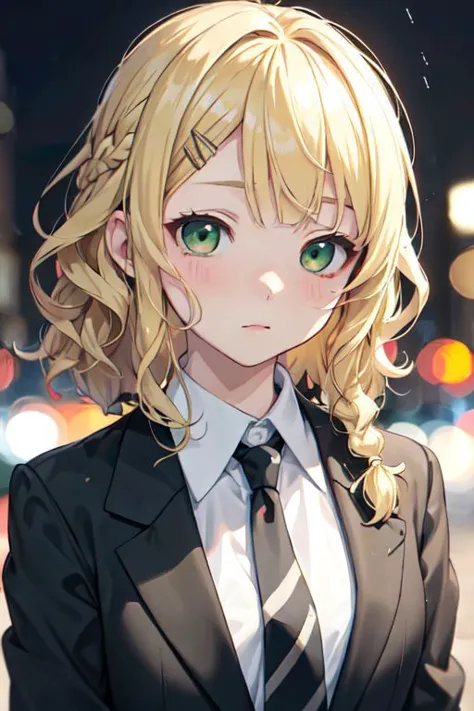 anime girl with blonde hair and green eyes in a suit