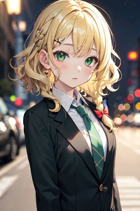 anime girl in a suit and tie standing on a city street