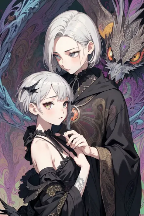 two anime characters with white hair and black clothes