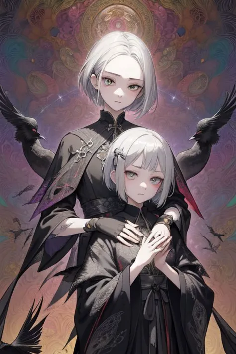 realistic, (masterpiece, top quality, best quality, official art, beautiful and aesthetic:1.2), extremely detailed,fractal art,colorful,highest detailed,zentangle,(abstract background:1.5) (1boy + 1girl:1.3), (crows),silver hair, bright eyes,hair slicked back, short hair, black robe, dark fantasy, holy, horror, most beautiful photo, photorealistic, dragons, skulls