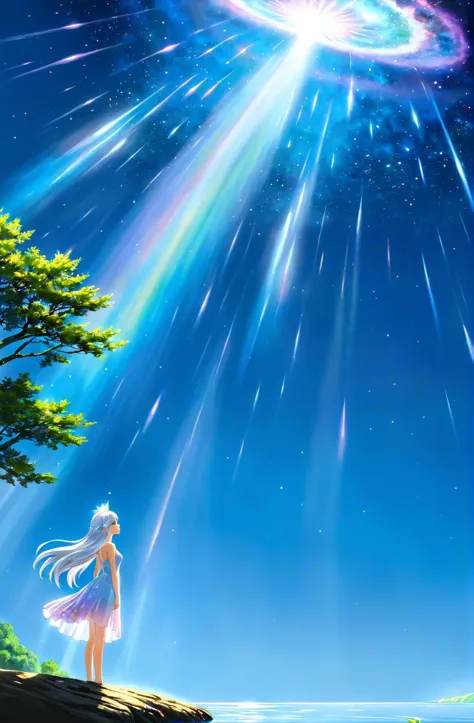 a girl standing on a rock looking at a bright star