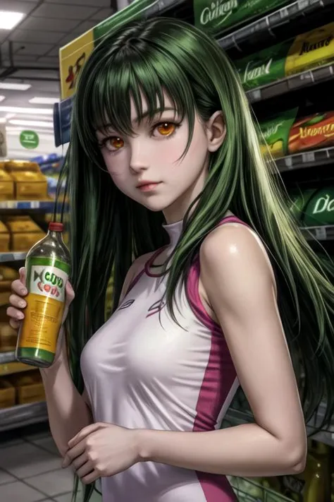 a woman with green hair holding a can of soda in a grocery store