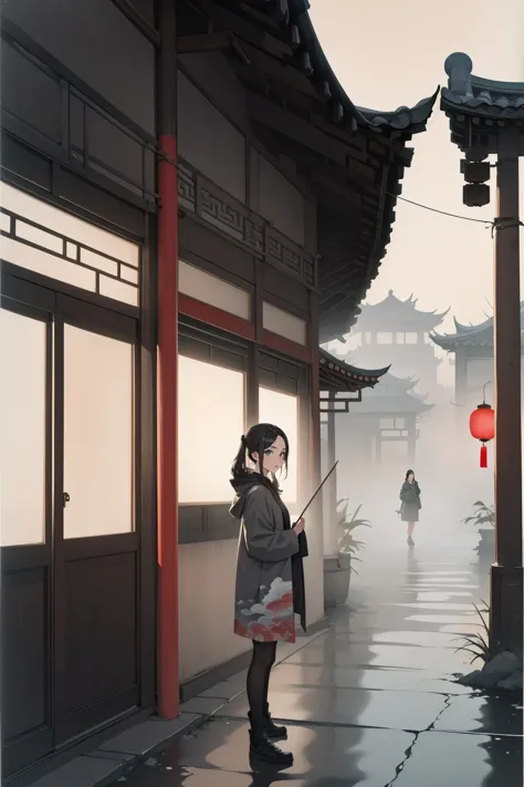 (1girl:1.2),guohua,looking at viewer,Standing on the road,natural and architectural harmony,Ink Wash Painting,masterpiece,8k,inc...