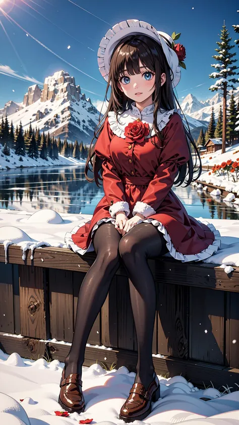 masterpiece, best quality, winter, snow field, 1girl, bangs, blue eyes, blunt bangs, bonnet, brown footwear, brown hair, dress, frills, fruit, full body, hat, long hair, long sleeves, looking at viewer, pantyhose, purple dress, red flower, red rose, rose, shoes, sitting, solo, sky, sun, mountain, forest, lake,