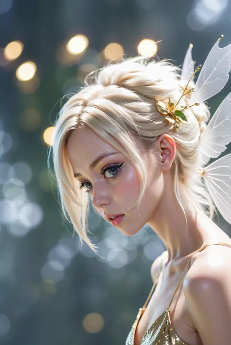 a close up of a woman with a fairy costume and a flower in her hair